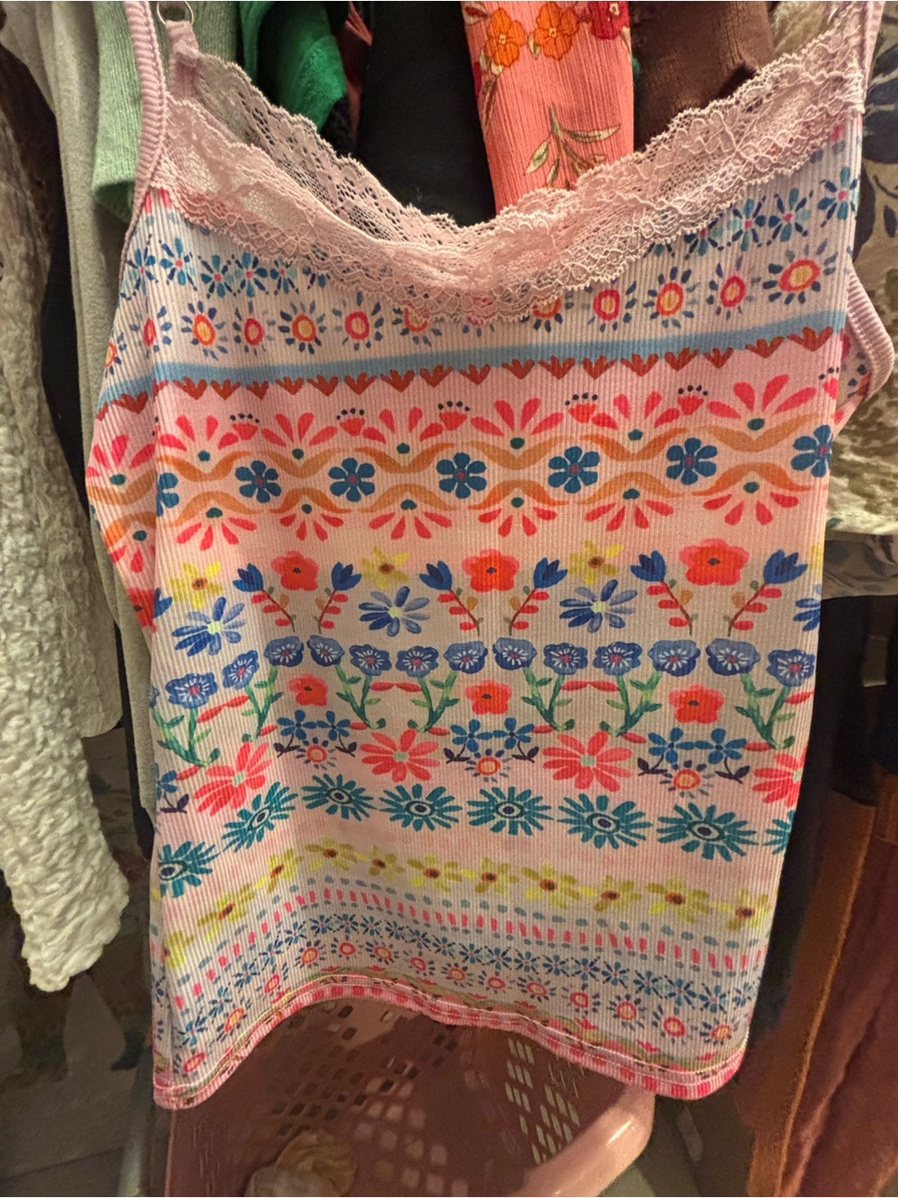 SHEIN Pink Floral Lace-Trim Ribbed Cami